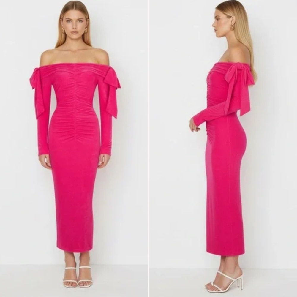 Atoir Aliah Ruched Off Shoulder Hot Pink Bow Sleeve Midi Dress Sz 6 $350 NWT